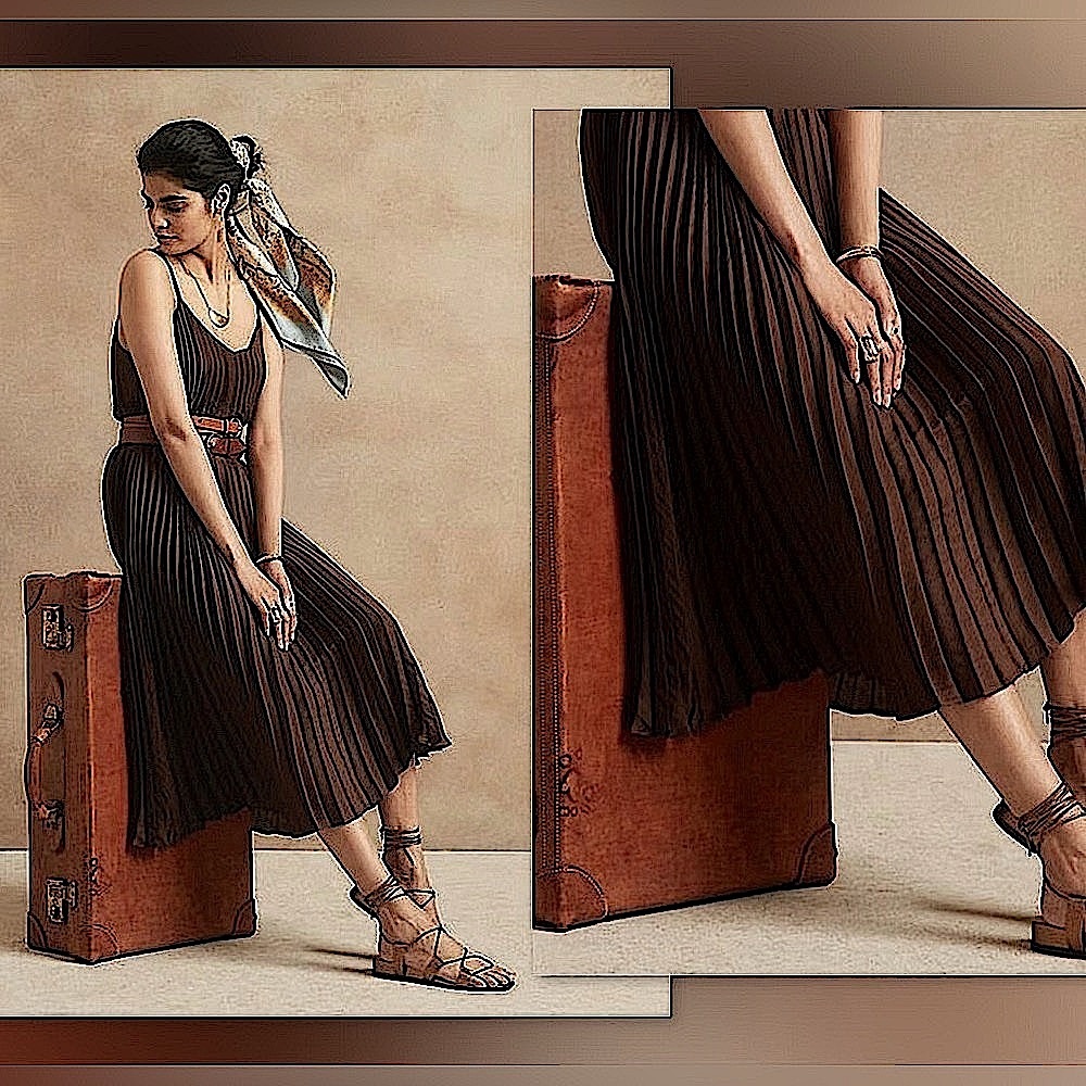🤎Banana Republic Satin Pleated Midi Dress in Mocha Brown, M Tall, NWT✨